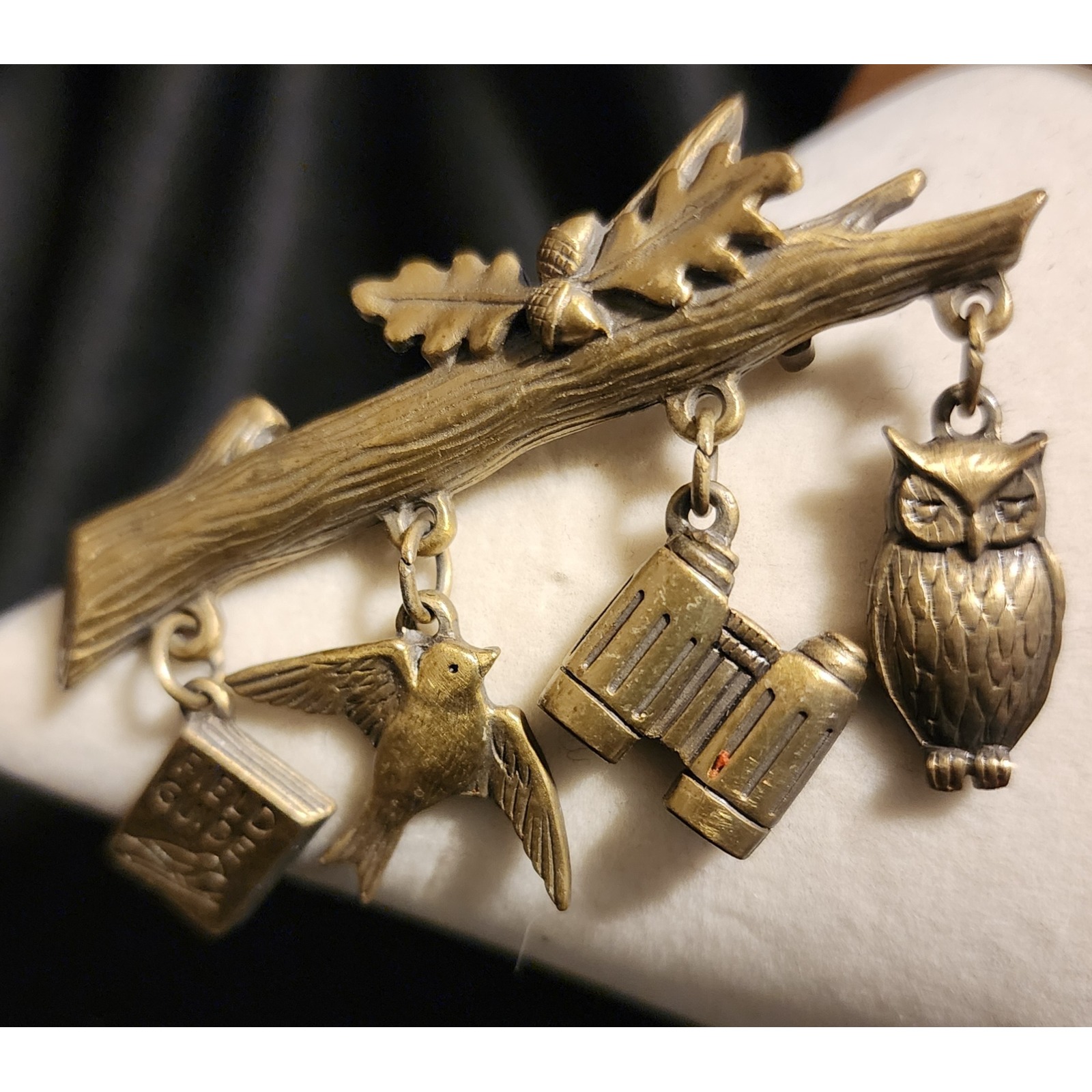 Vtg Jj Jonette Jewelry Bird Watching Branch Dangle Brooch Owl Binoculars Gold